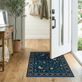 Navy Floral Butterfly Area Rug with Gold Border