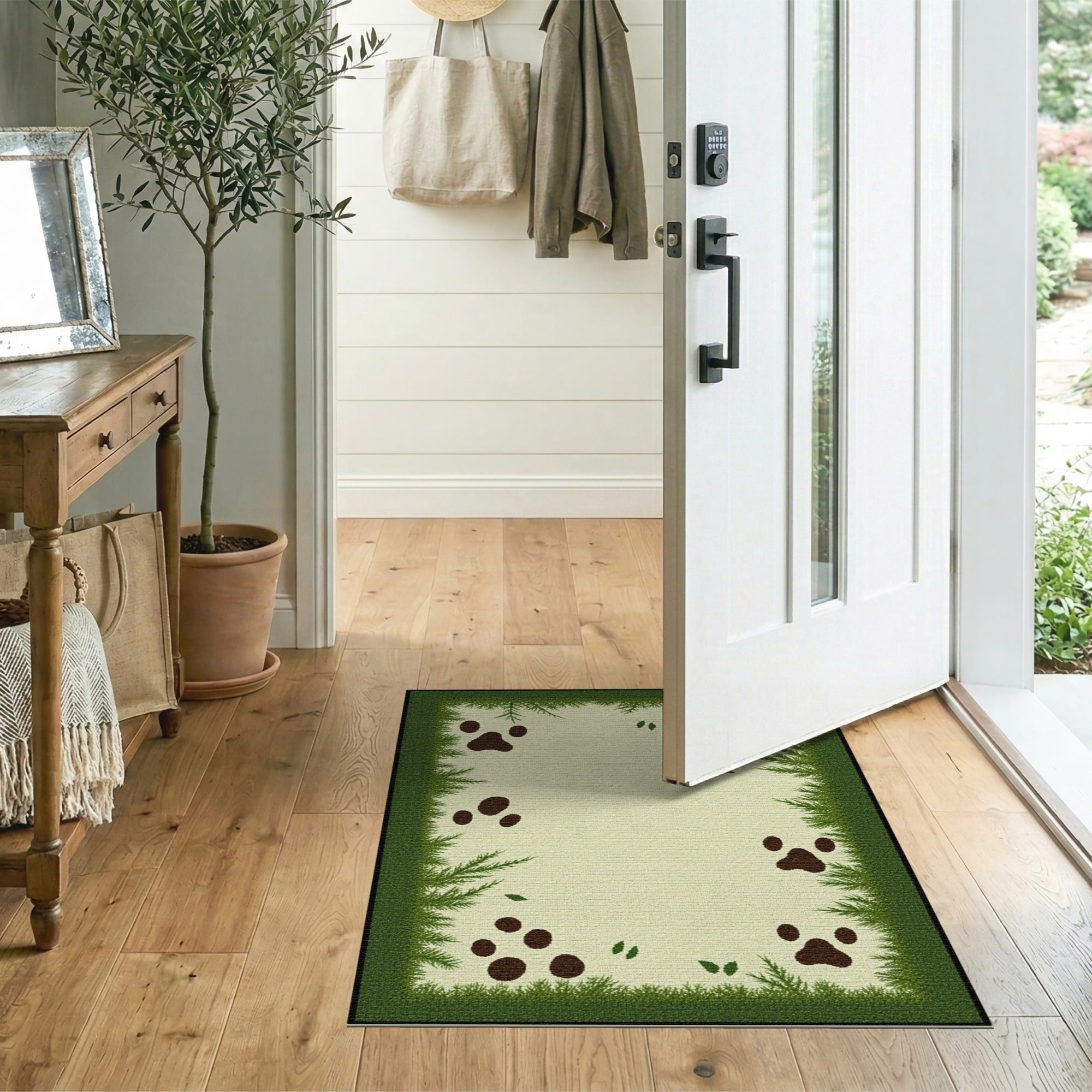 Woodland Paw Tracks Green Border Rug