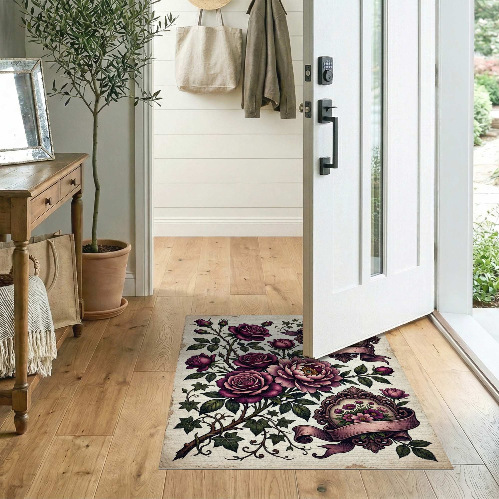 Vintage Purple Roses Peonies Floral Rug