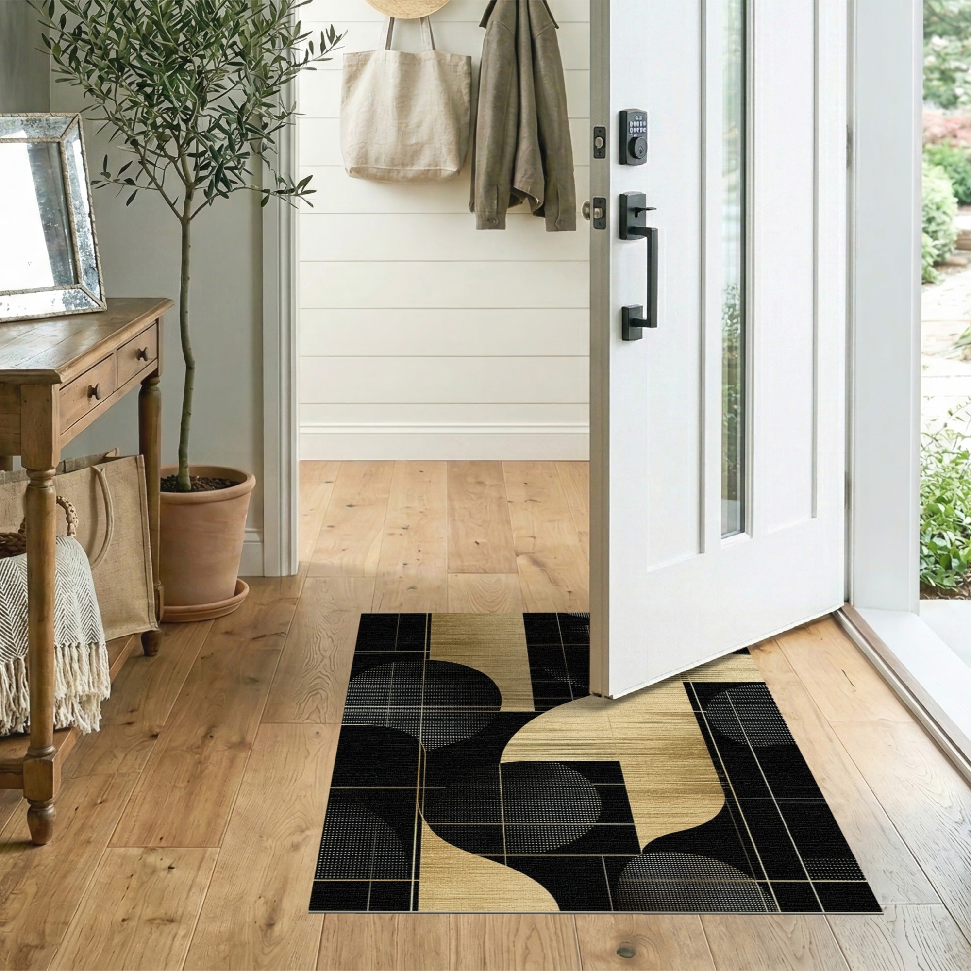 Gold and Silver Gold Black Geometric Abstract Area Rug