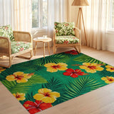 ODIKA Tropical Hibiscus Floral Washable Area Rug, Low Pile Non-Slip Green Carpet