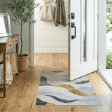 Gold and Silver Abstract Grey Gold Wave Area Rug