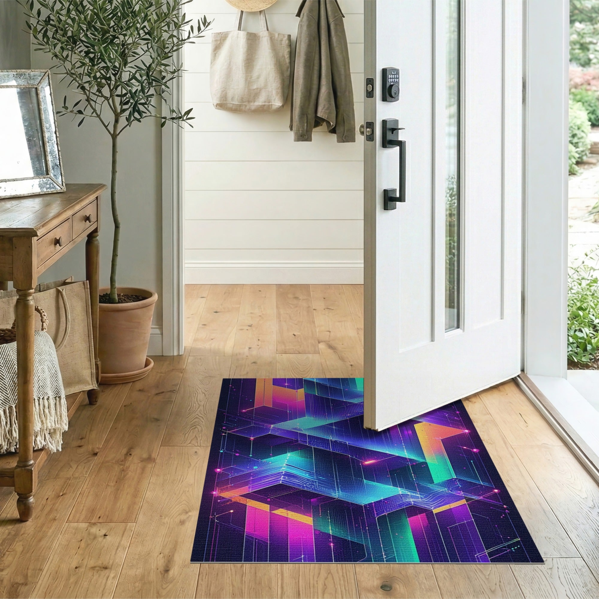 ODIKA Cyberpunk Geometric Neon Washable Rug - Low Pile, Non-Slip & Pet Friendly Area Rug