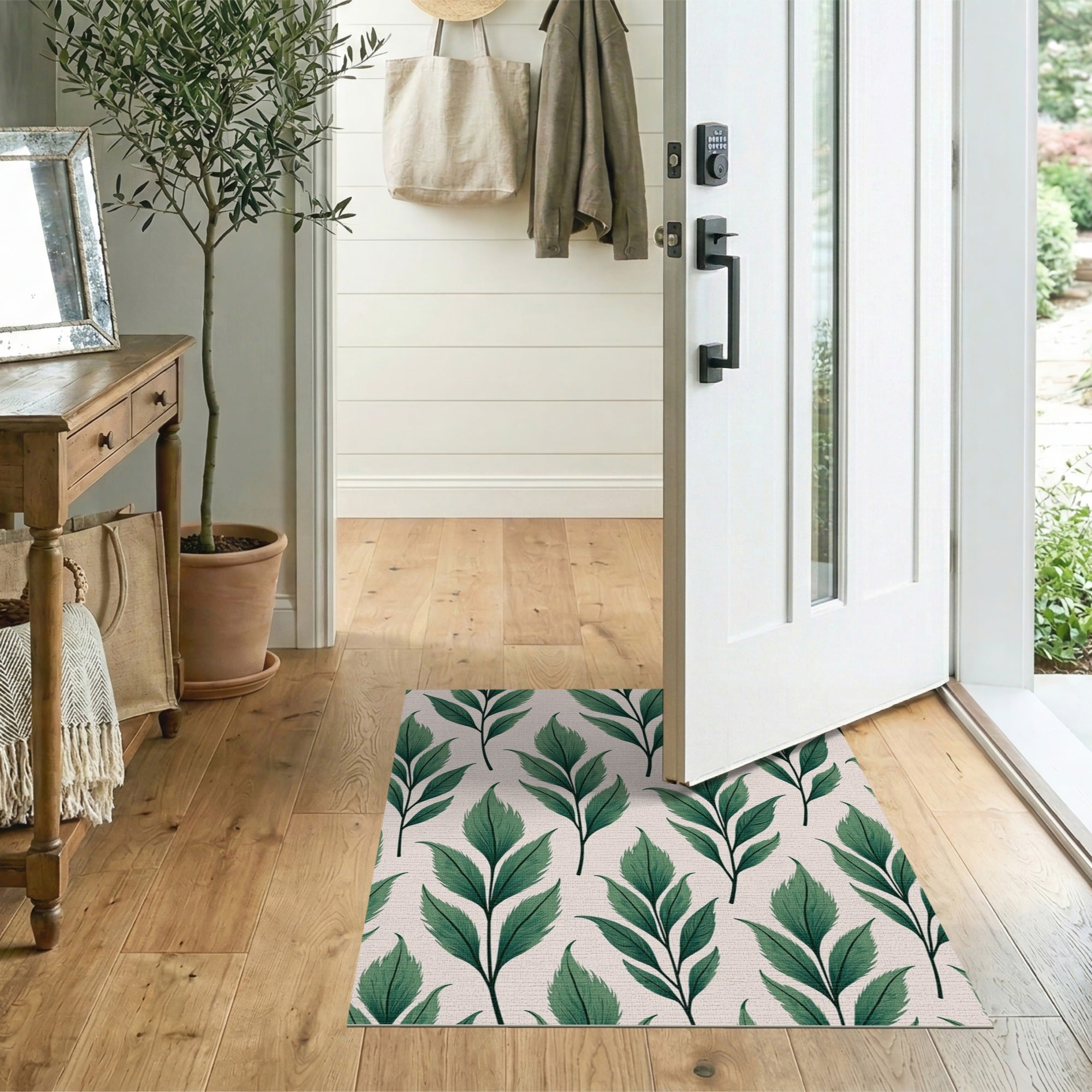 Lush Green Fern Leaves Boho Area Rug