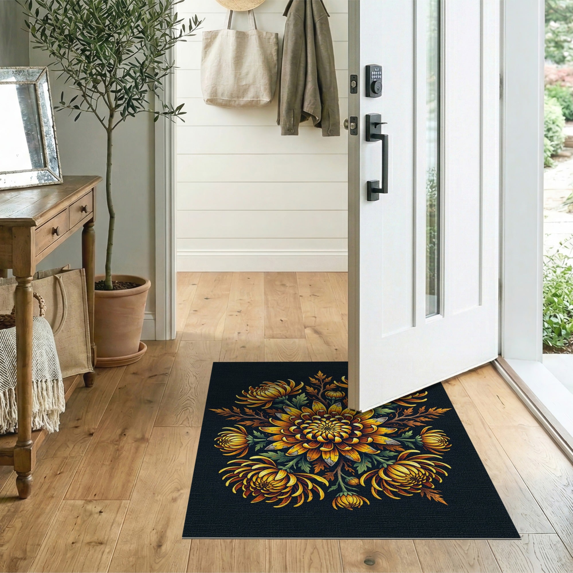 Golden Chrysanthemum Floral Area Rug