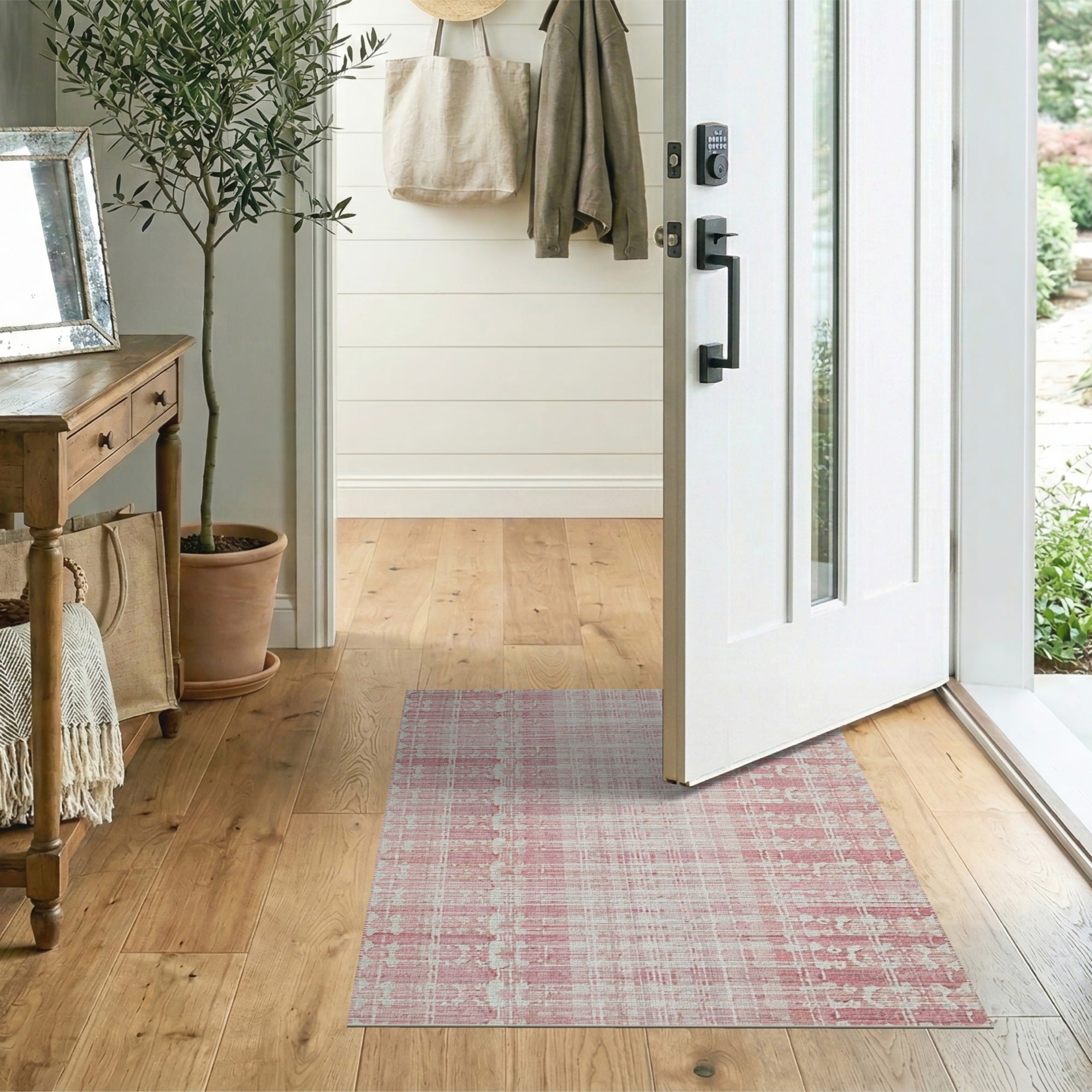 Pink Distressed Pink Plaid Area Rug