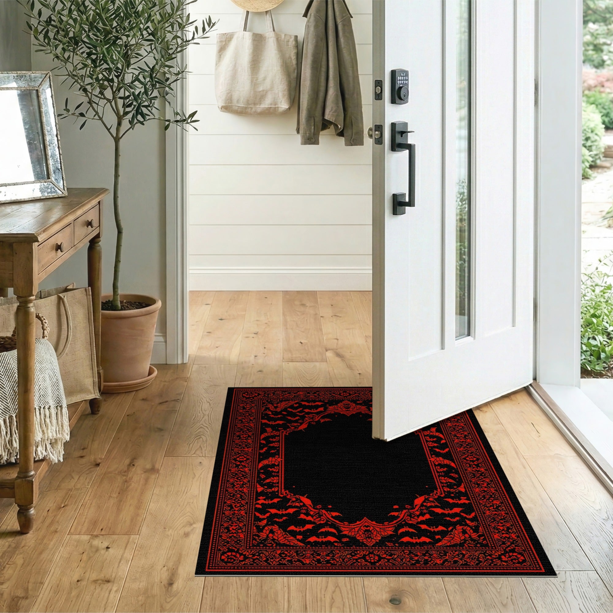 ODIKA Gothic Bat Washable Area Rug - Red and Black Low Pile Non-Slip Carpet
