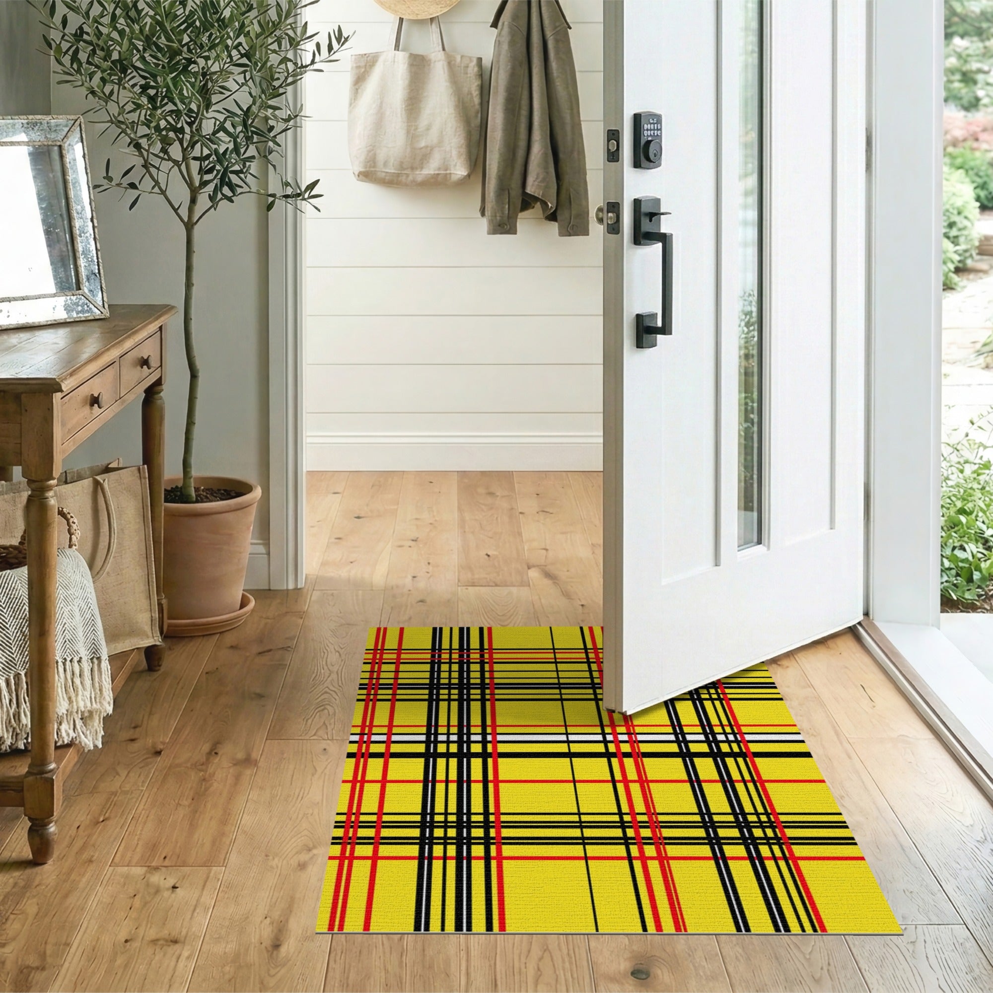 Bold Yellow Plaid Area Rug with Red Black Stripes