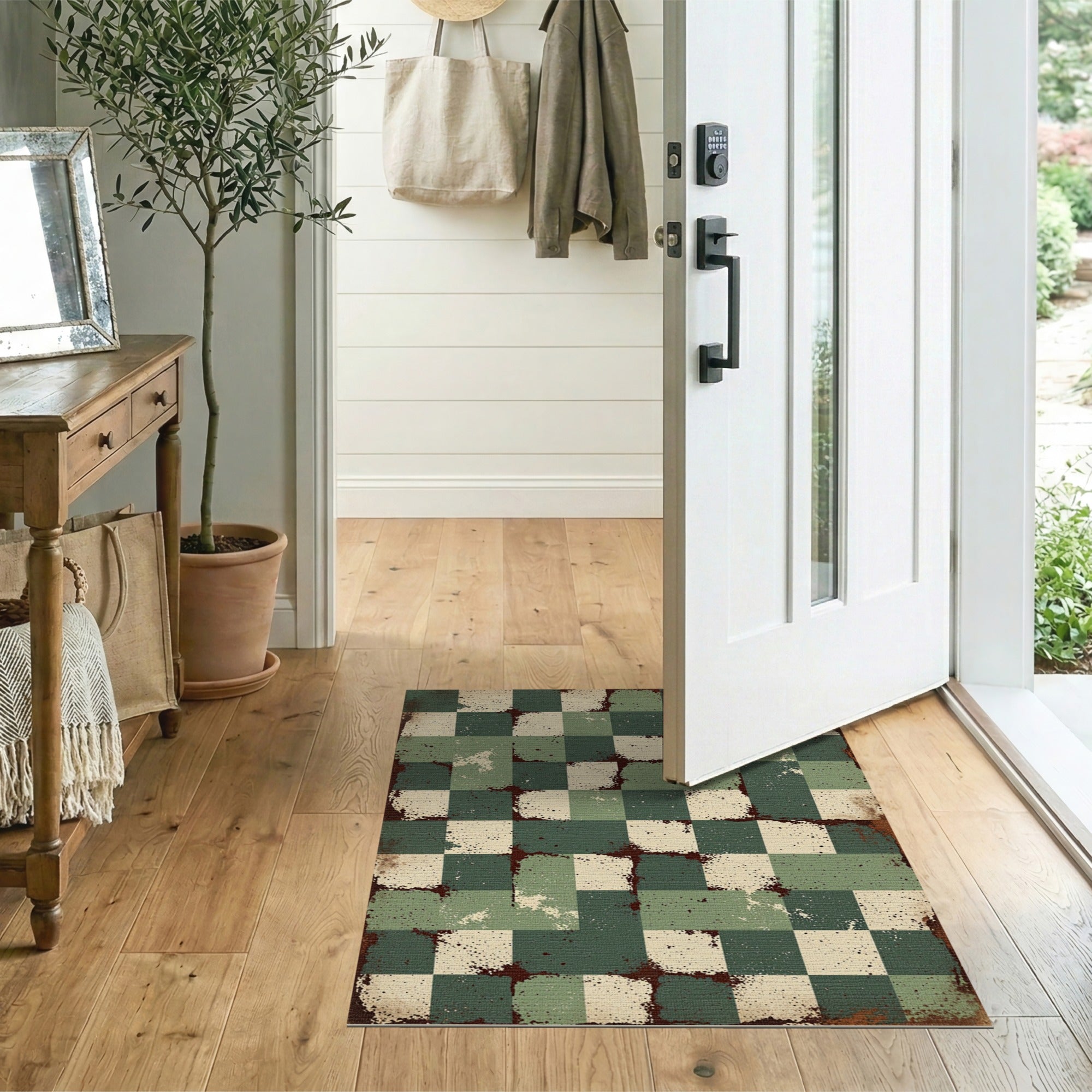 Vintage Distressed Green Checkered Area Rug