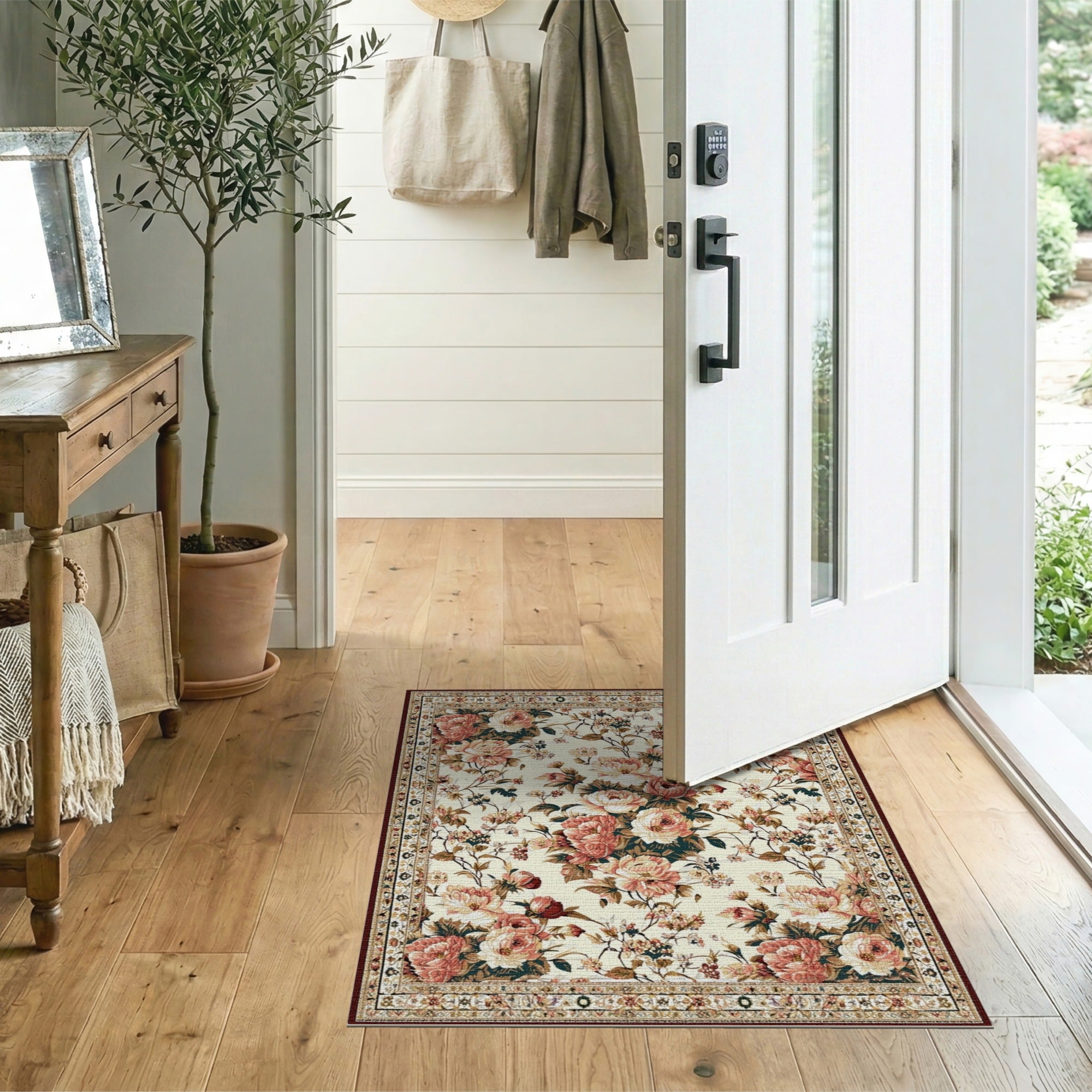 Multi-color and Patterns Vintage Peony Floral Cream Area Rug