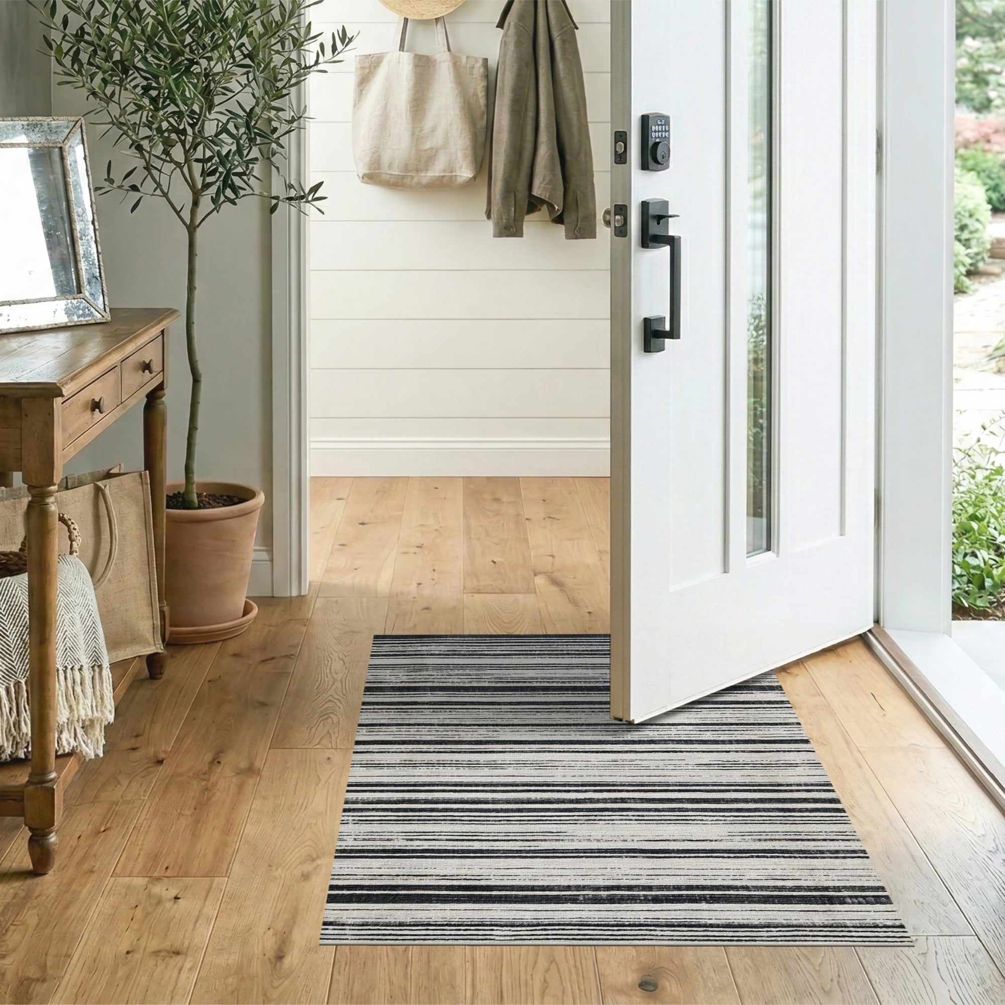 Black White Striped Distressed Vintage Rug
