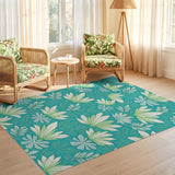 ODIKA Teal Botanical Floral Washable Area Rug - Low Pile Non-Slip