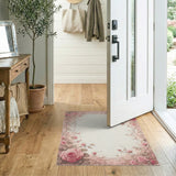ODIKA Vintage Pink Rose Floral Washable Area Rug - Low Pile Non-Slip Carpet