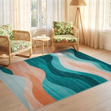 ODIKA Modern Abstract Wavy Teal & Peach Washable Area Rug - Low Pile Non-Slip