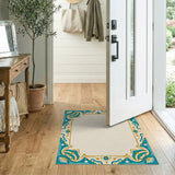 Ornate Teal Lotus Border Area Rug