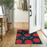 Festive Red Poinsettia Snowflake Navy Rug