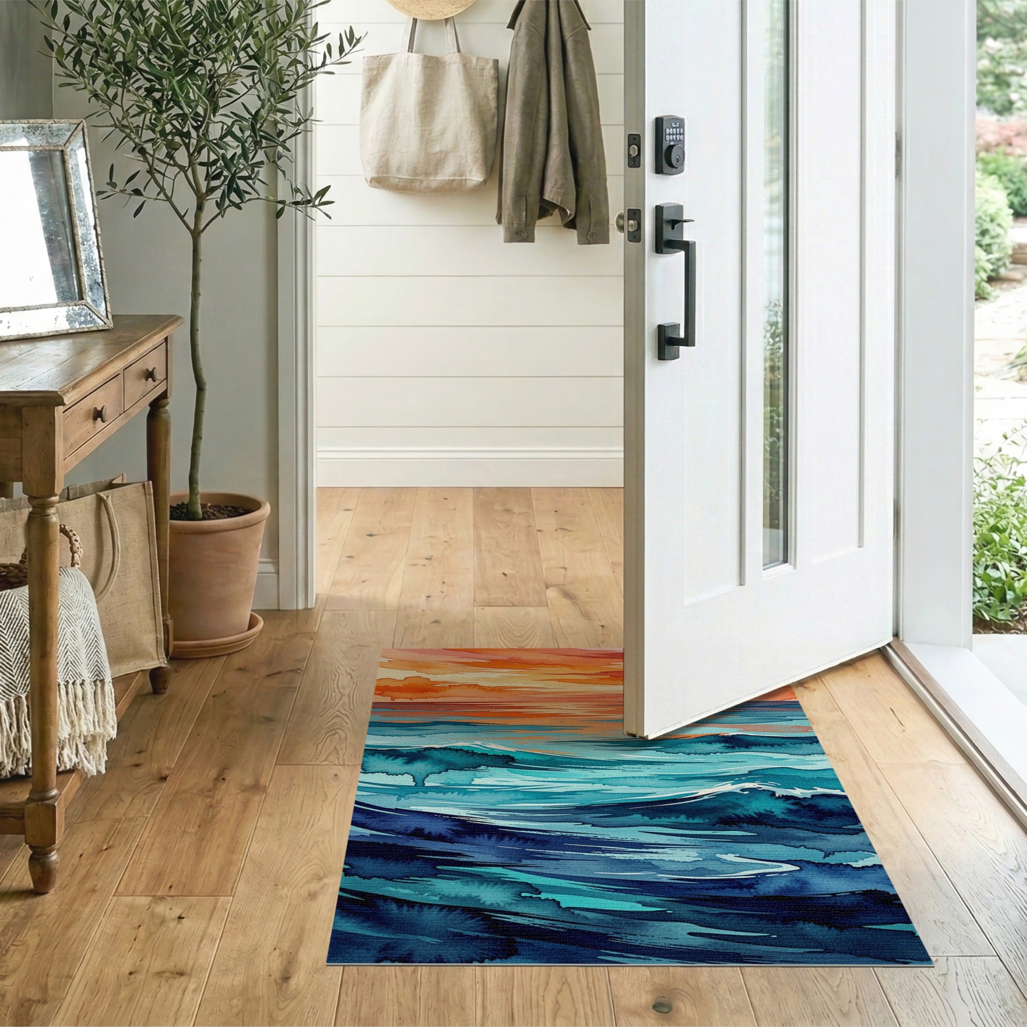 Sunset Over Teal Ocean Waves Area Rug