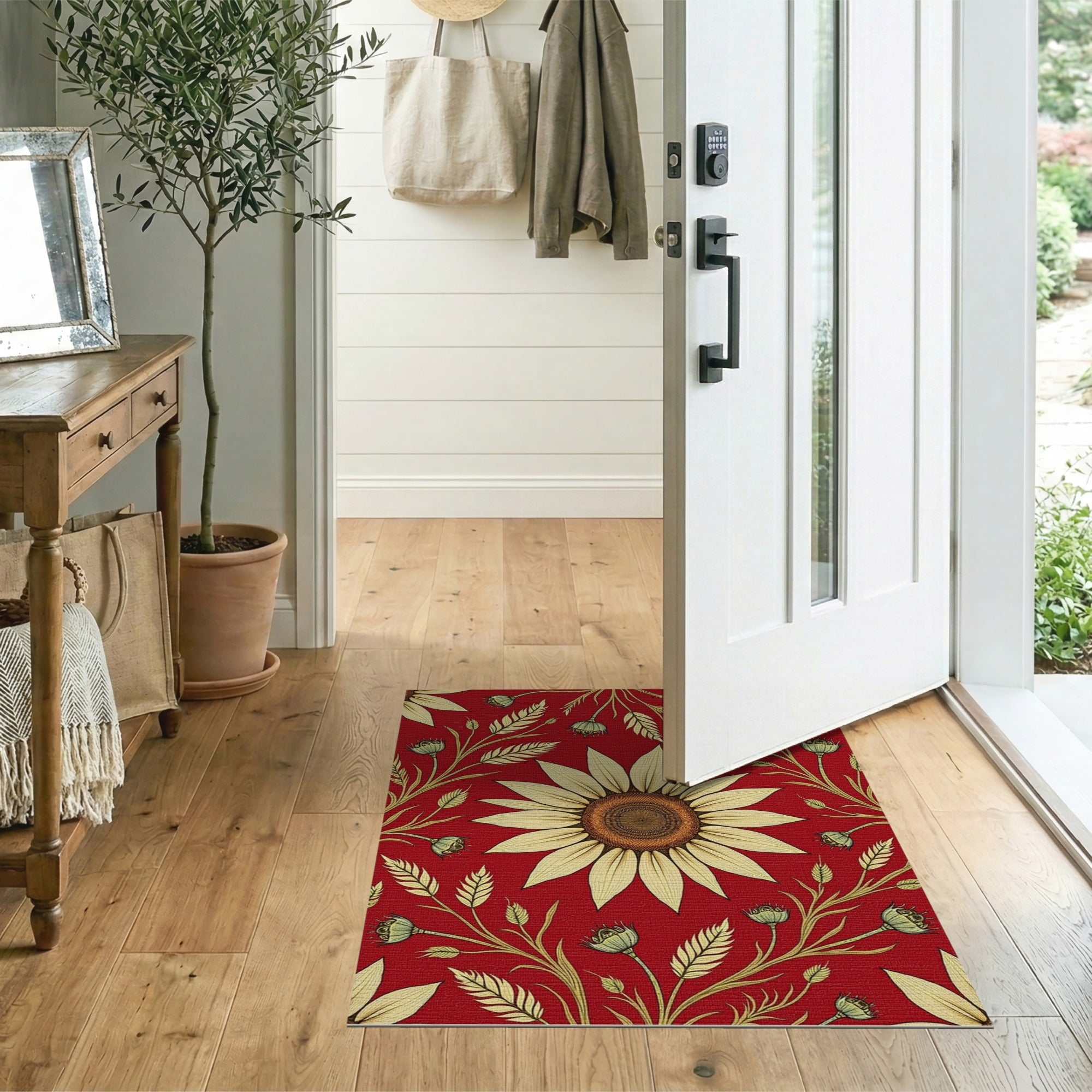 Red Sunflower Poppy Floral Area Rug
