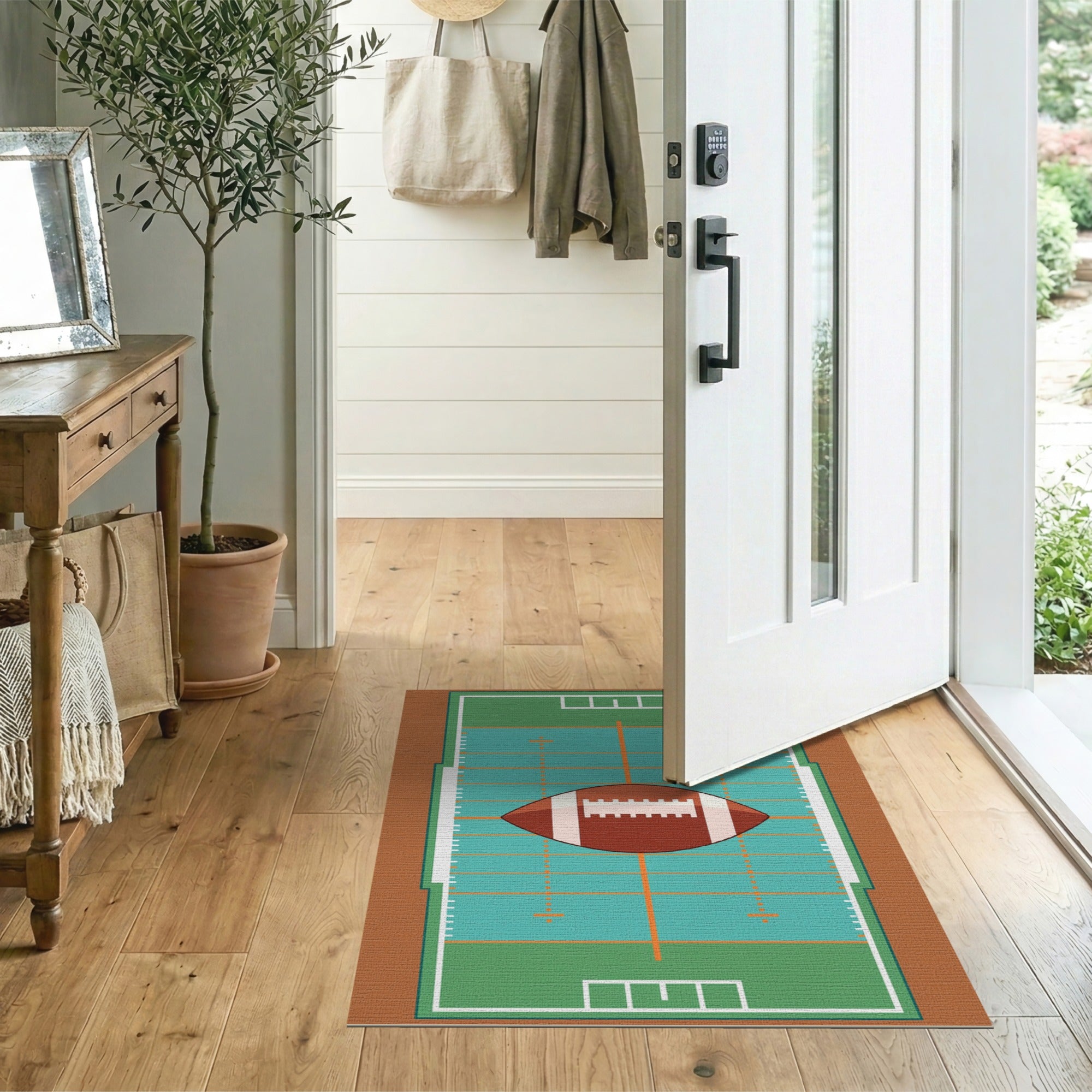 Teal Football Field Area Rug with Game Ball