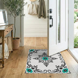 Teal Daisy Ornate Black Filigree Area Rug