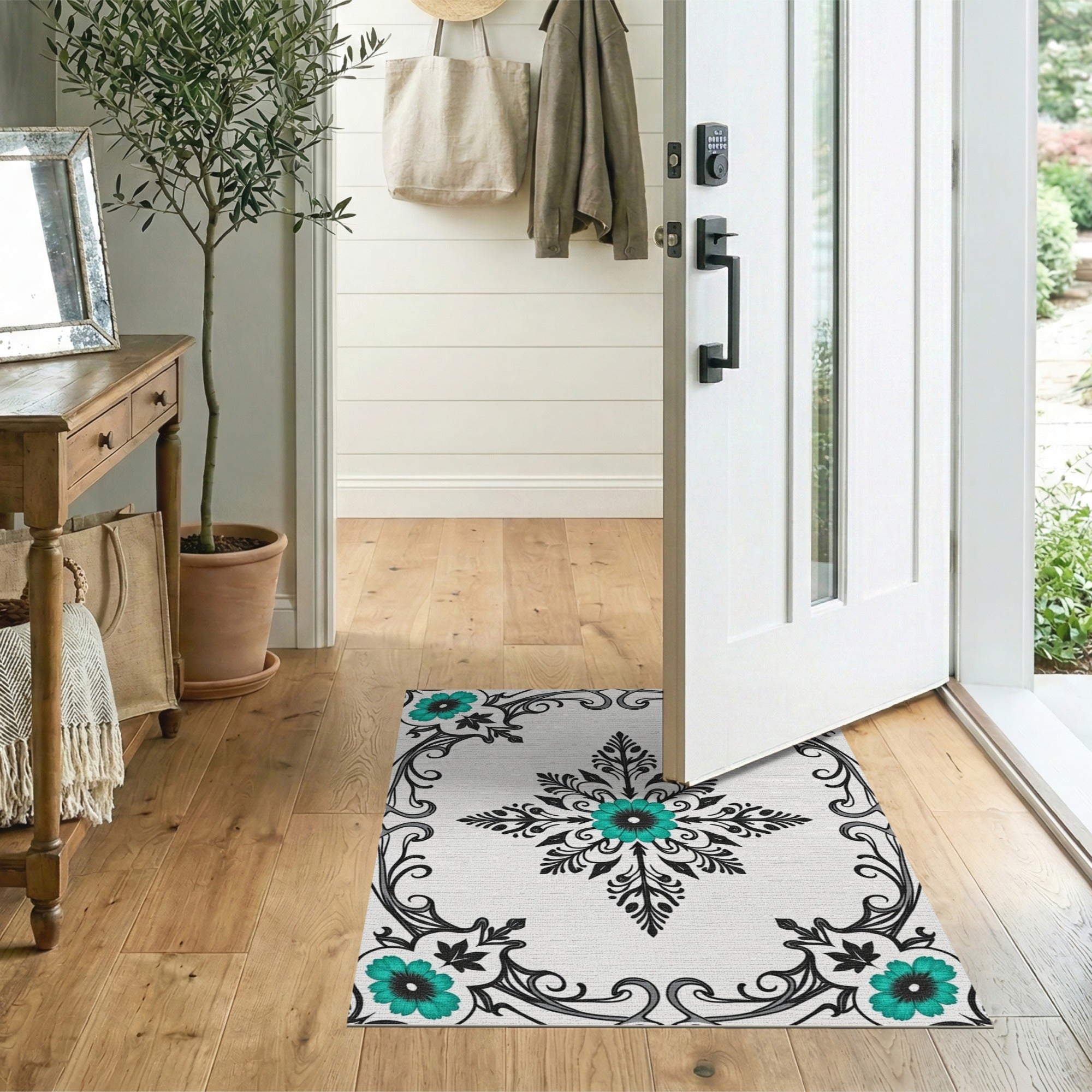 Teal Daisy Ornate Black Filigree Area Rug