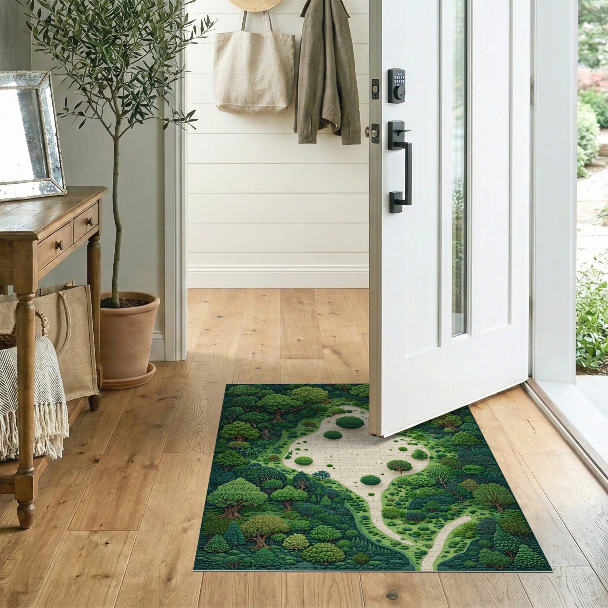 ODIKA Washable Green Forest Map Artistic Area Rug - Low Pile Non-Slip