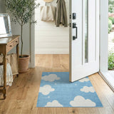 Whimsical Blue Clouds Stars Kids Area Rug