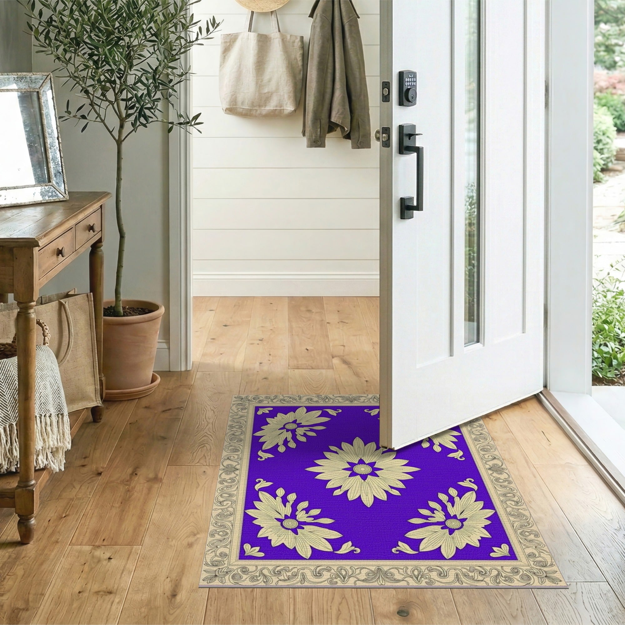 Purple Floral Vintage Area Rug with Ornate Golden Border