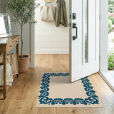 Navy Floral Border Beige Area Rug