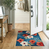 Blue and Teal Teal Hibiscus Palm Leaf Coastal Area Rug