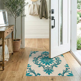 Teal Damask Floral Area Rug on Cream