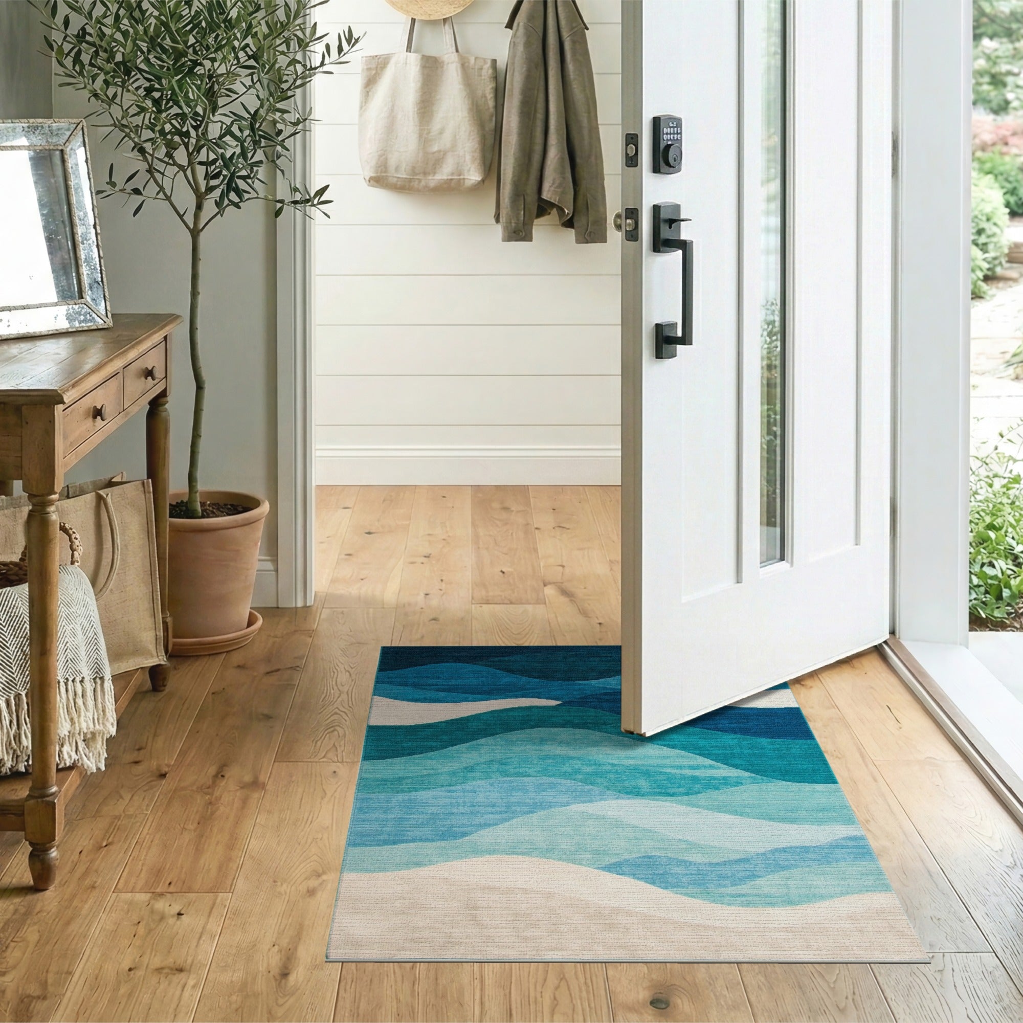 Teal Blue Layered Waves Abstract Area Rug