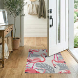 Pink Flamingo Grey Leaf Coastal Area Rug