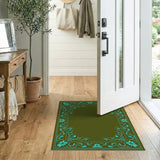 Ornate Teal Floral Border Olive Green Area Rug