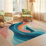 ODIKA Modern Abstract Coastal Waves Washable Rug - Low Pile Non-Slip Teal & Coral Art Decor