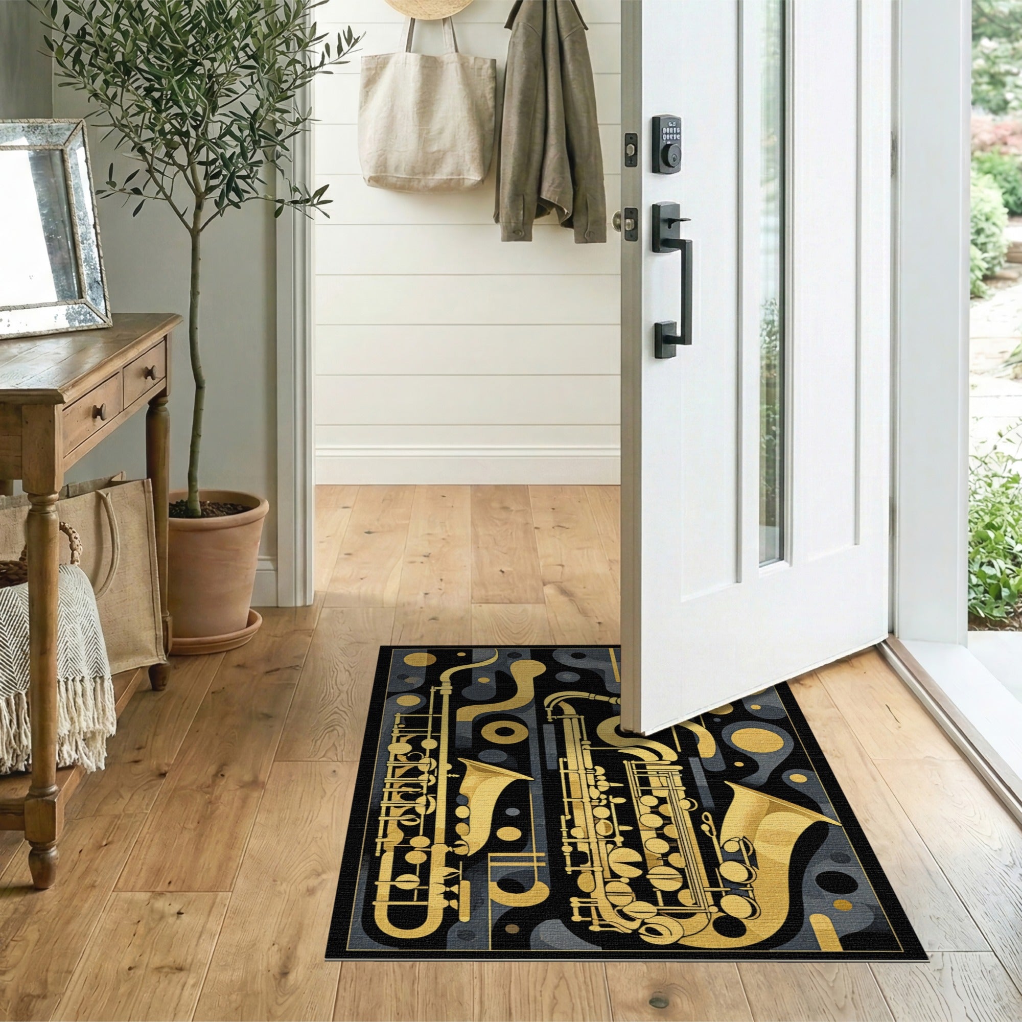 ODIKA Golden Jazz Saxophone Washable Area Rug - Abstract Music Art Low Pile Non-Slip Carpet