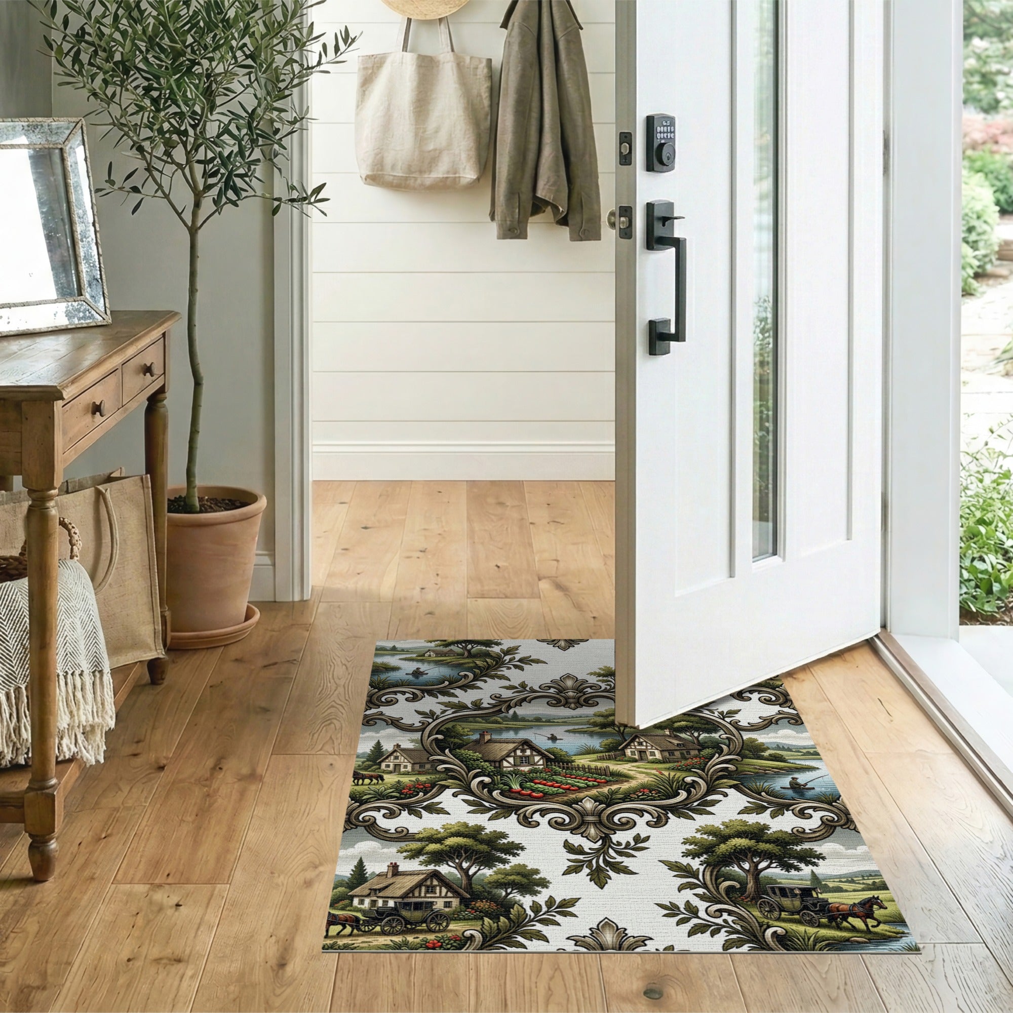 Ornate Pastoral Village Scenes Area Rug
