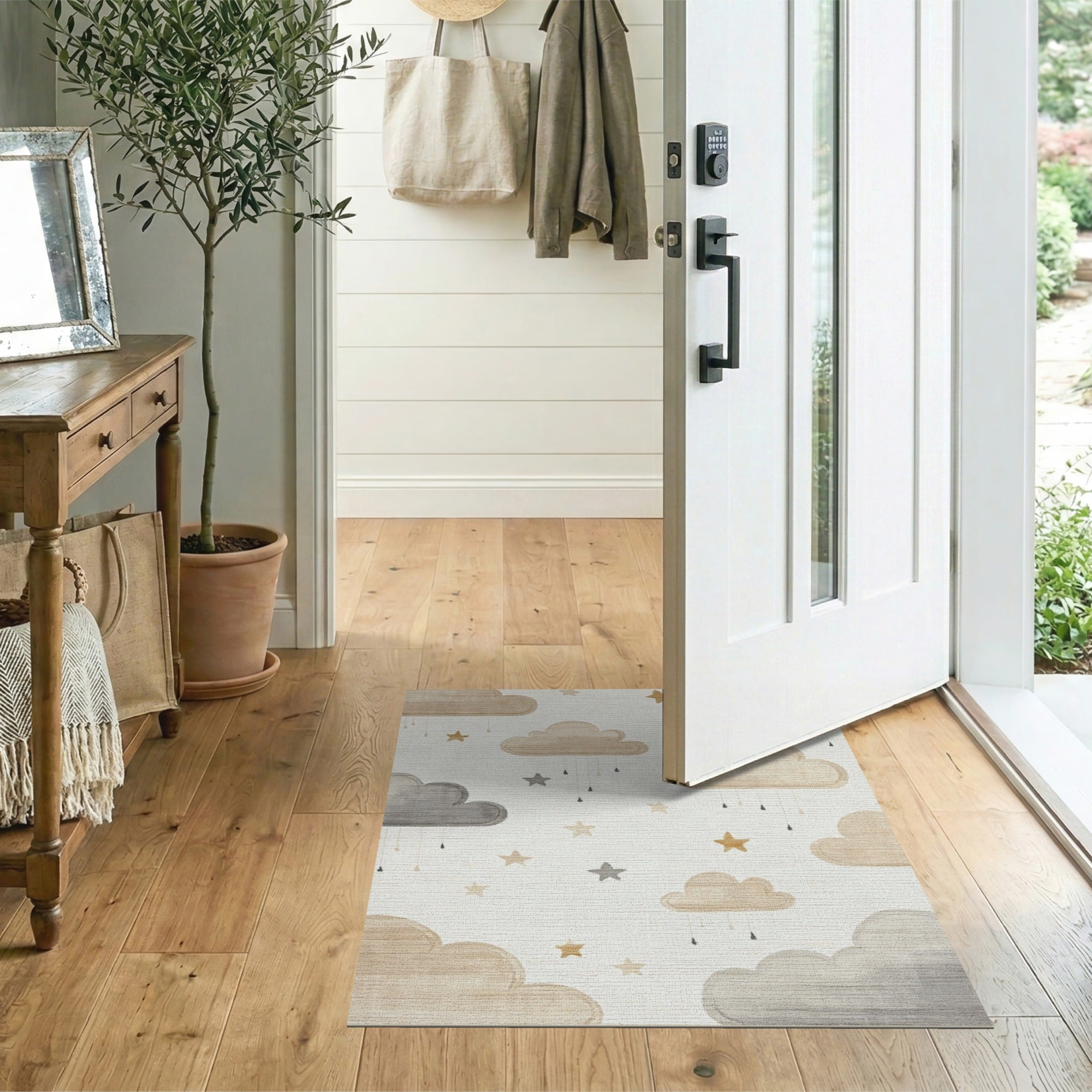 Beige and Neutral Dreamy Clouds Stars Nursery Area Rug