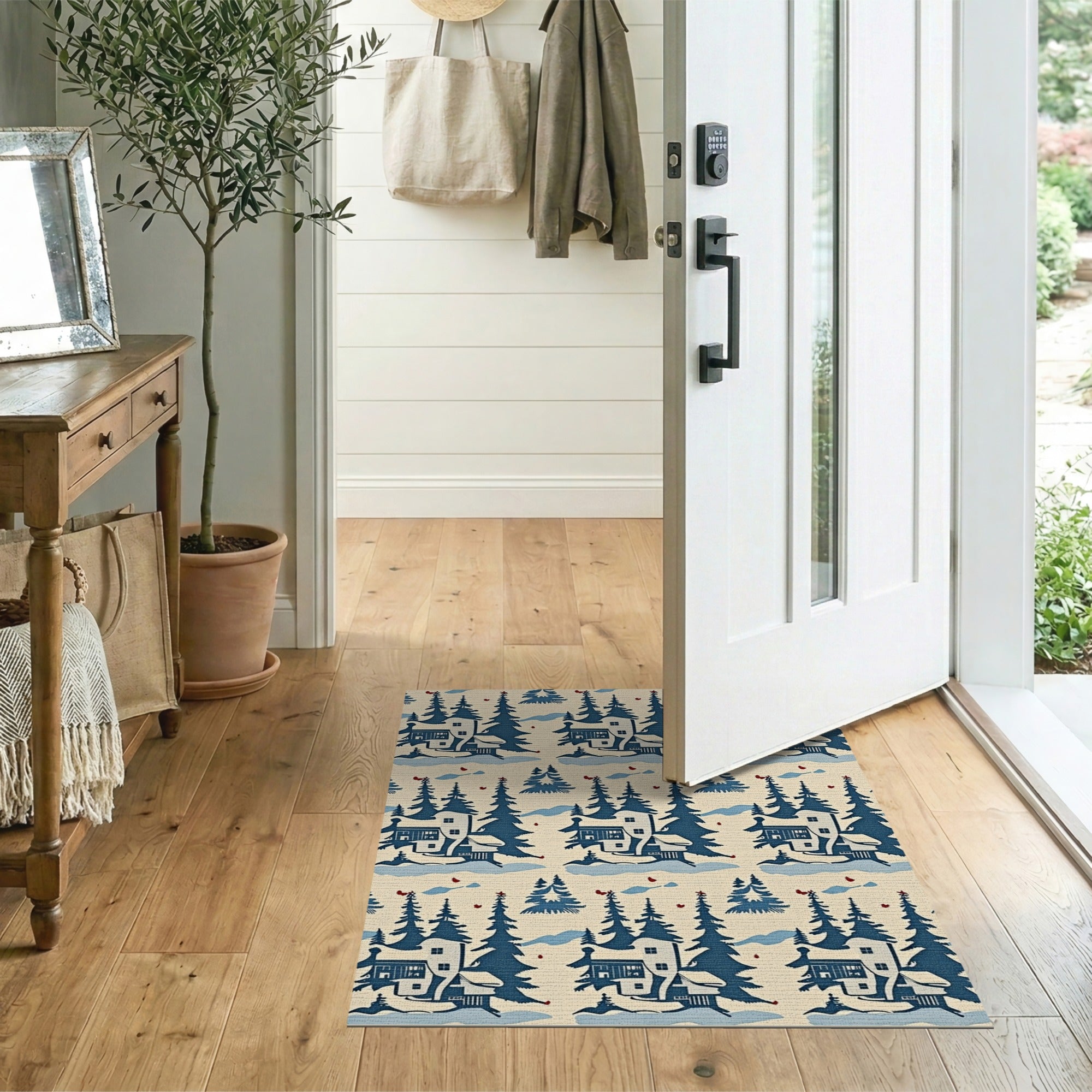Navy Cabin Evergreen Winter Forest Rug