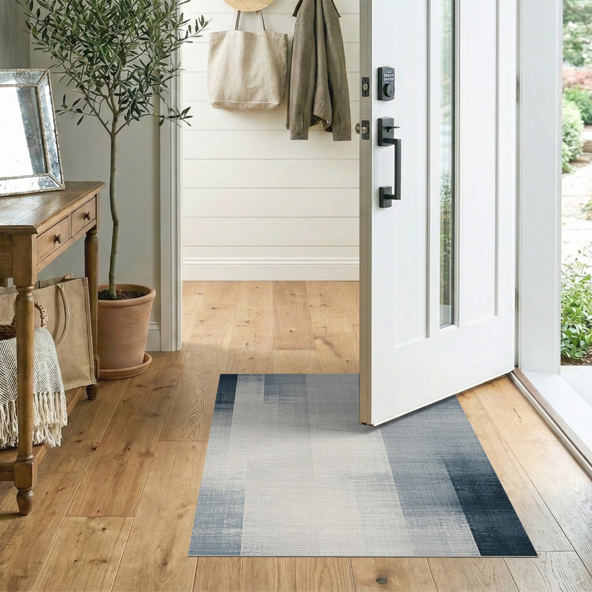 Distressed Navy Grey Vertical Stripe Area Rug
