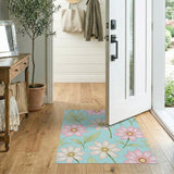 Teal Blue Pink Flower Floral Area Rug