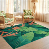 ODIKA Washable Tropical Leaf Area Rug - Non-Slip Low Pile Green & Coral Botanical Rug