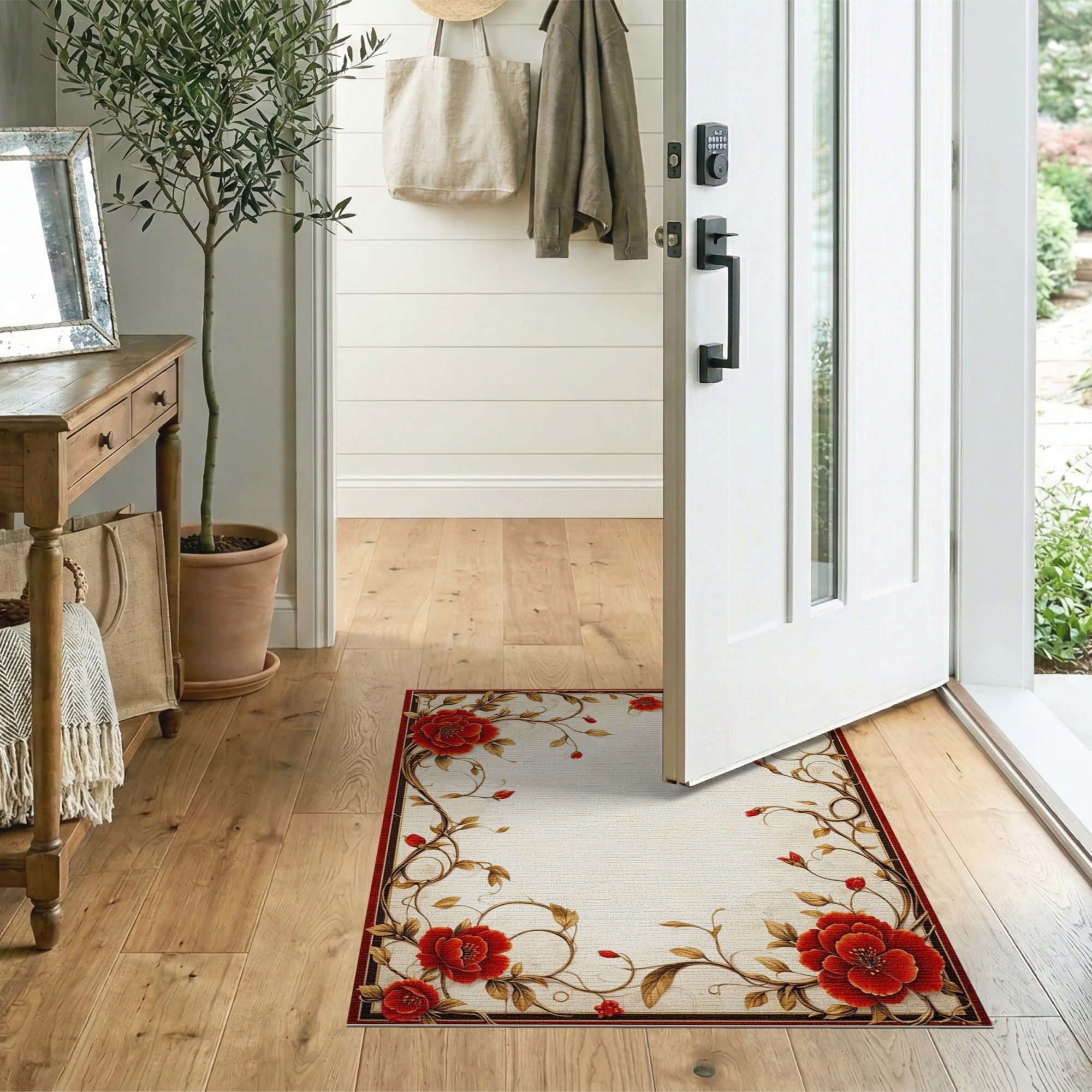 ODIKA Washable Vintage Floral Border Area Rug - Low Pile Non-Slip Red & Gold