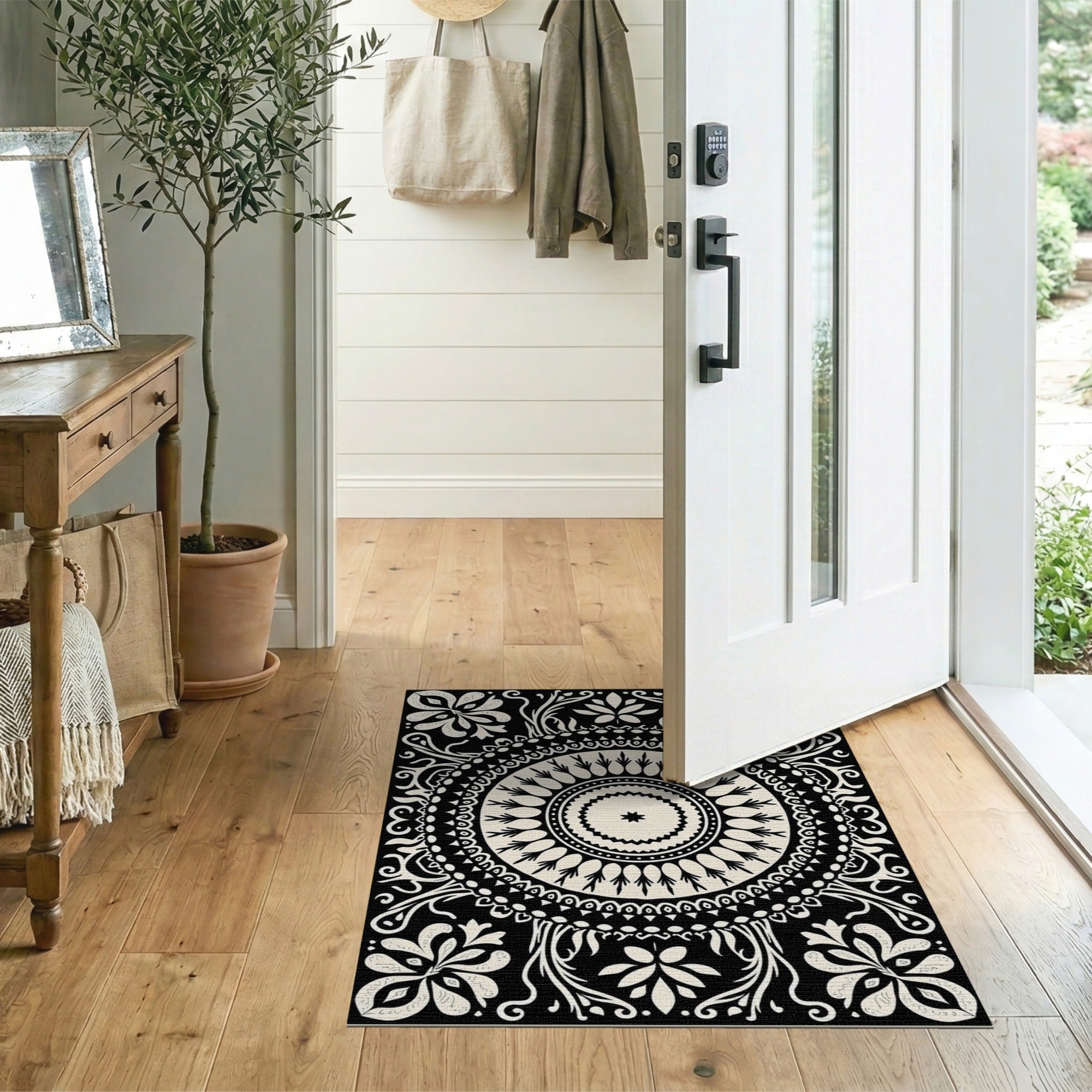 Traditional Persian Intricate Black White Persian Mandala Rug