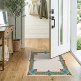 Elegant Teal Gold Ornate Floral Border Rug
