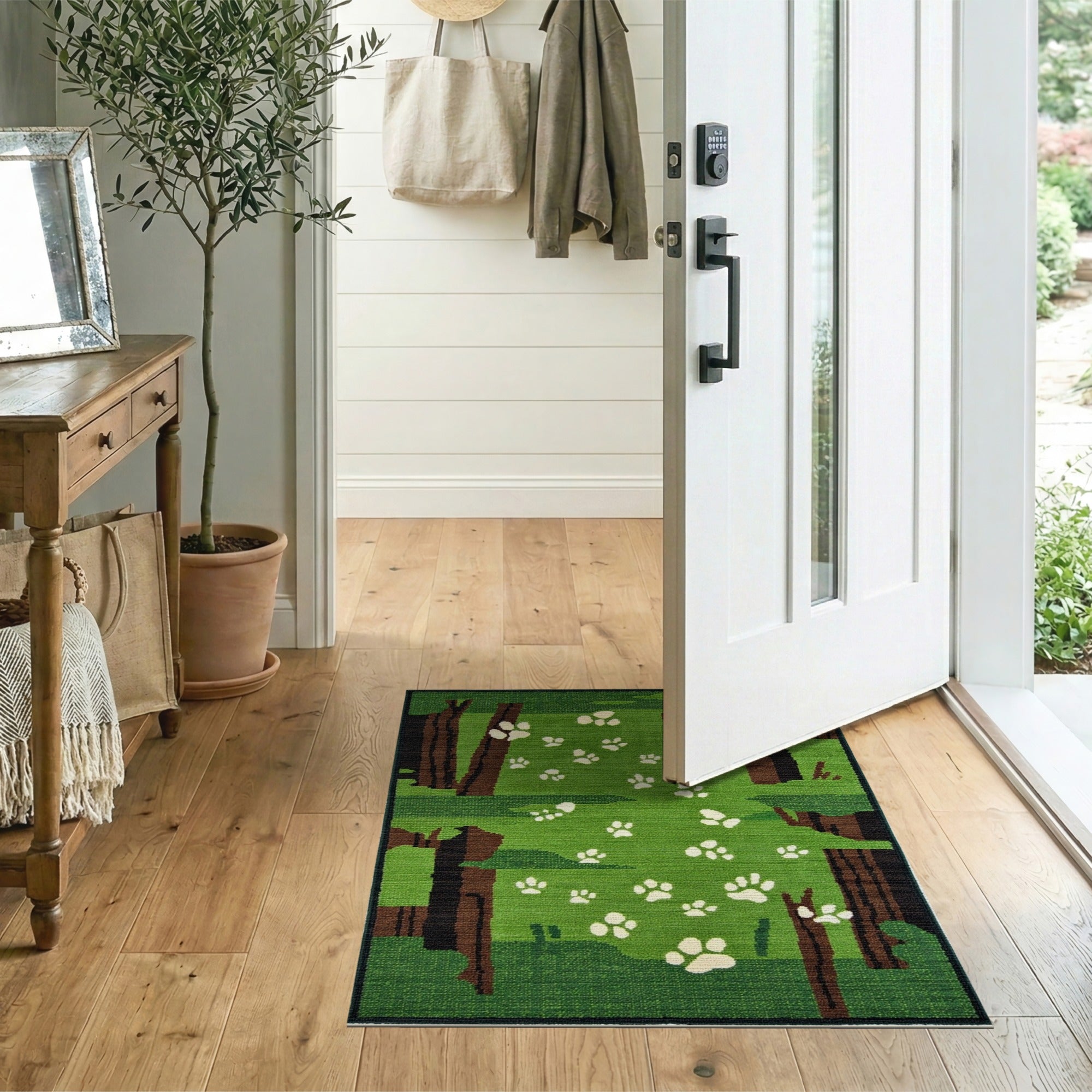 Green Woodland Paw Prints Area Rug