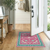 Ornate Pink Floral Area Rug with Teal Accents