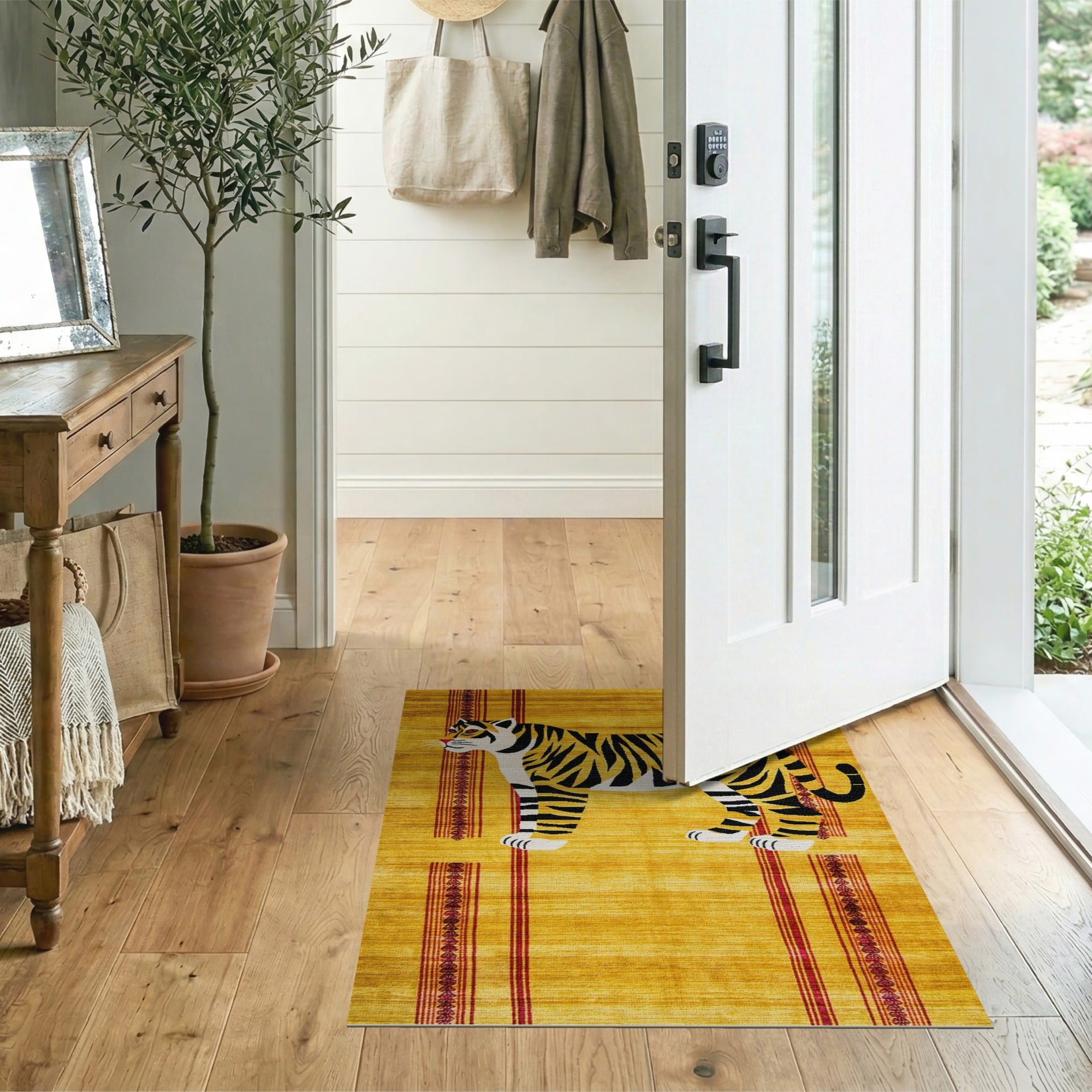 Golden Tiger Area Rug with Red Tribal Borders