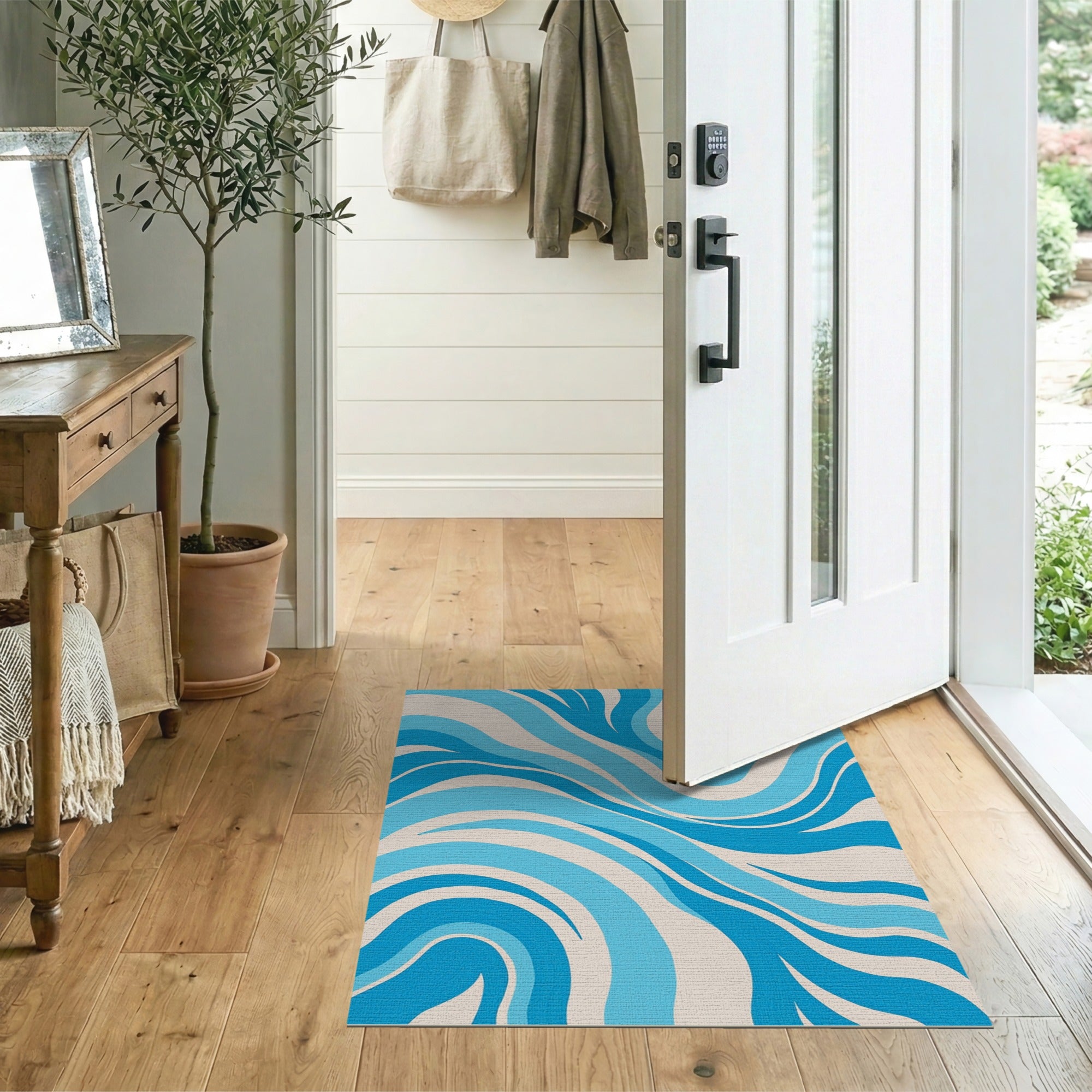 Abstract Area Blue and Teal Wavy Blue Abstract Area Rug