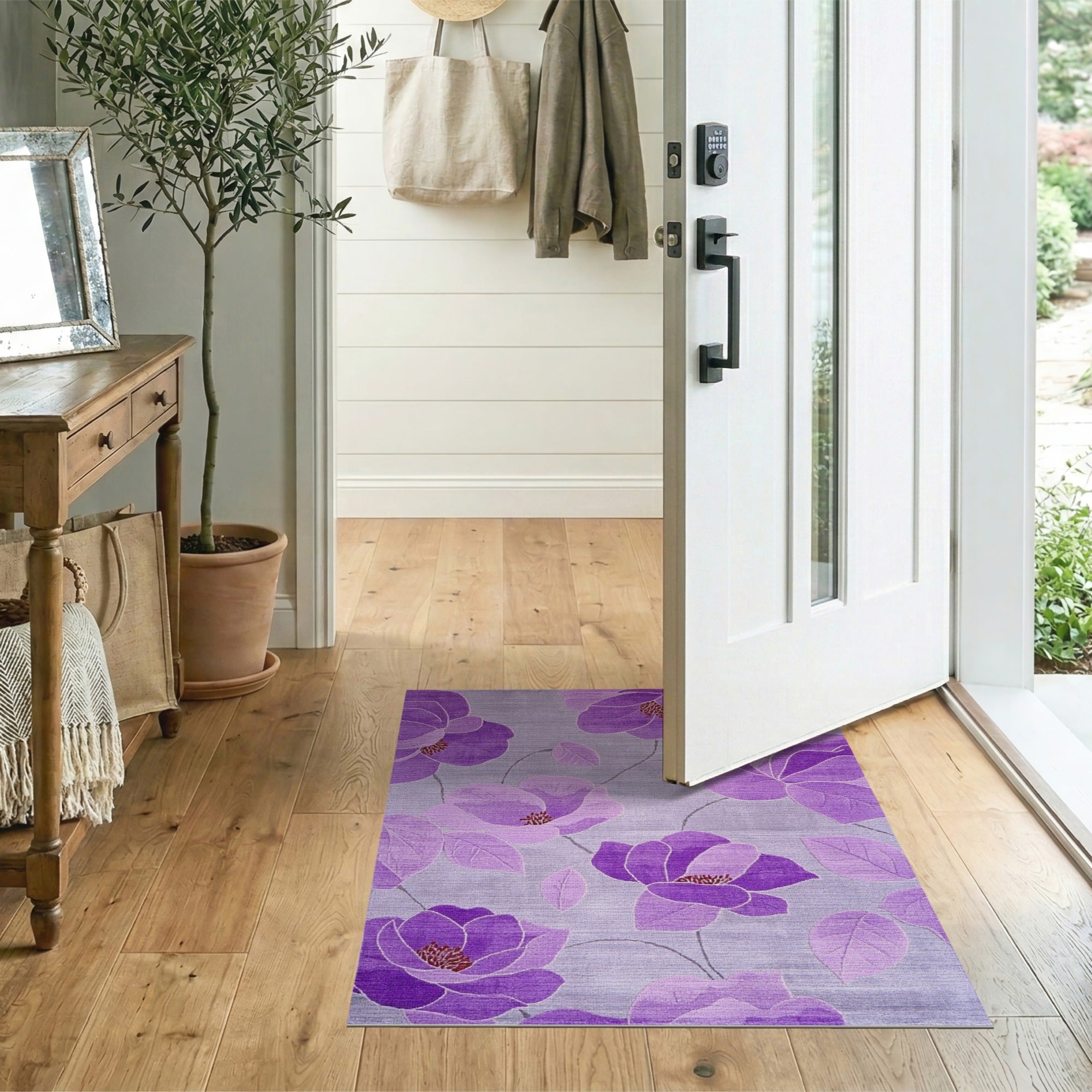 Purple Peony Floral Area Rug on Grey